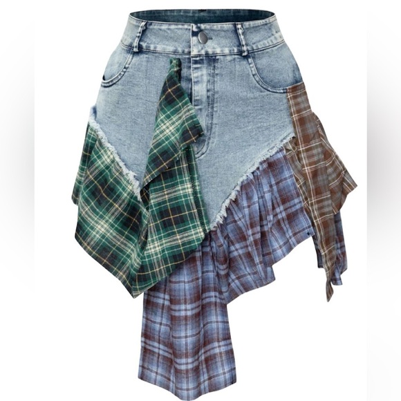 Mica’s Dresses & Skirts - Plaid Patchwork Denim Skirt